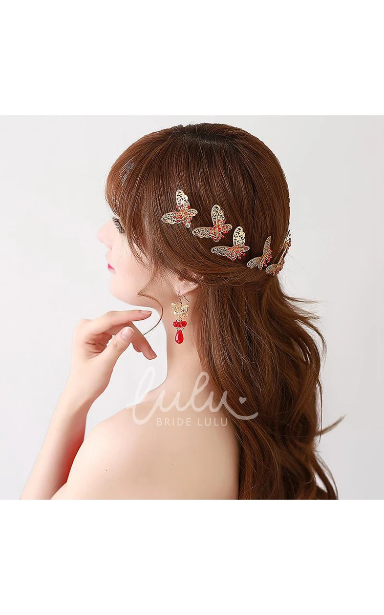 Chinese Cheongsam Wedding Hair Accessories Set with Red Hairpin U-Shaped Clip and Plate