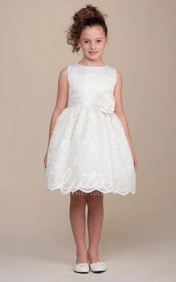 Pleated Tea-Length Flower Girl Dress with Floral Lace Satin and Ribbon Accents