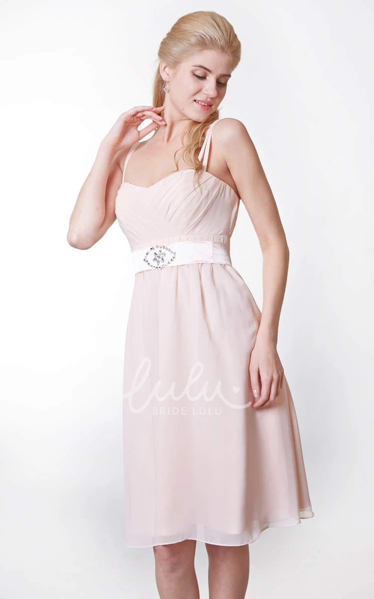 Knee-length Chiffon Dress with Spaghetti Straps Sash Beading and Bow