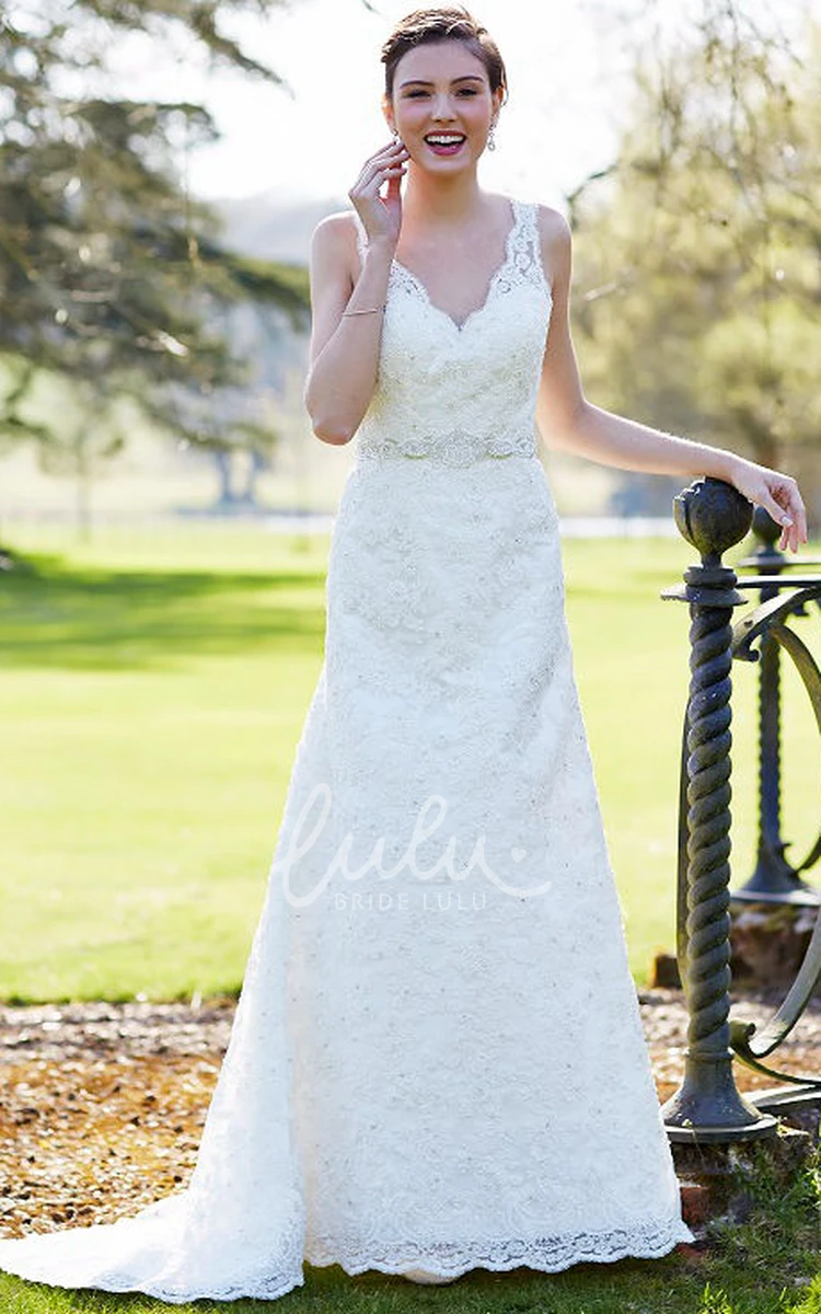 Sleeveless V-Neck Lace Wedding Dress with Waist Jewelry Sheath Bridal Gown