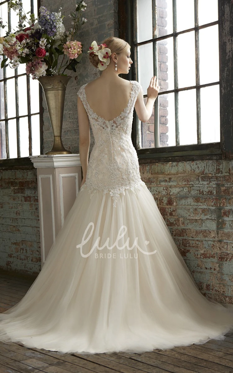 V-Neck Cap-Sleeve Tulle and Lace Wedding Dress with Appliques and V-Back