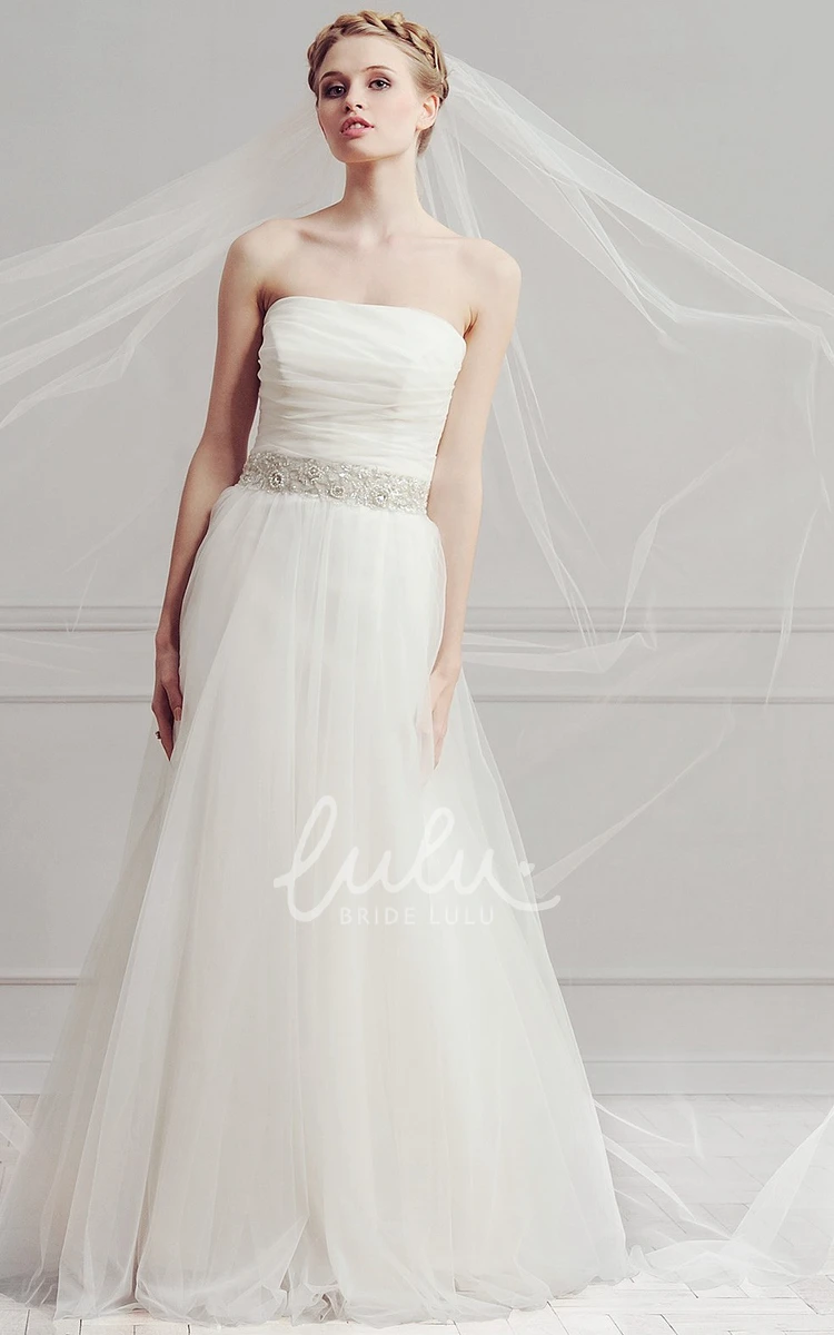 Ruched Tulle Strapless Wedding Dress with Waist Jewelry A-Line Sleeveless