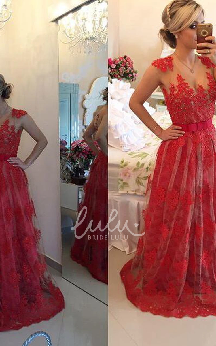 Red Lace Evening Dress with Pearls and Sheer Floor-Length