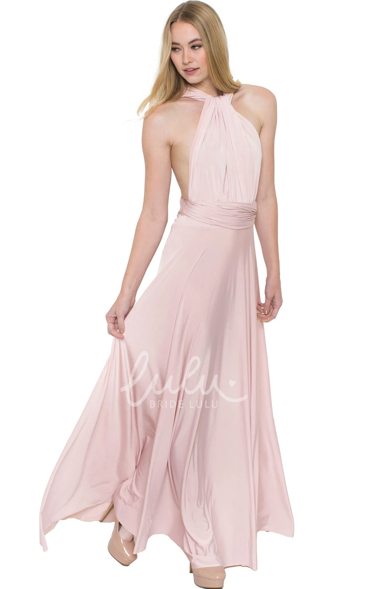 High Neck Ruched Chiffon Bridesmaid Dress Sleeveless Convertible Multi-Color Sash and Keyhole