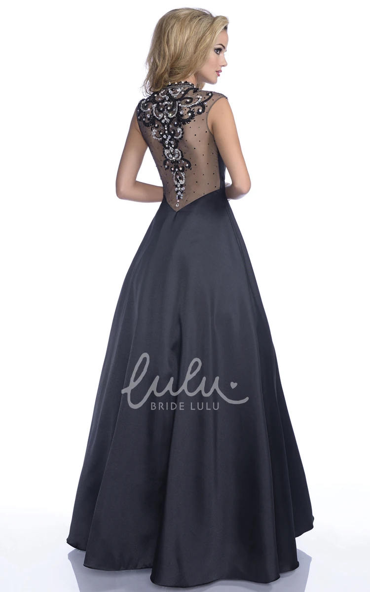 Rhinestone Back A-Line Prom Dress with Jewel Neck Cap Sleeves