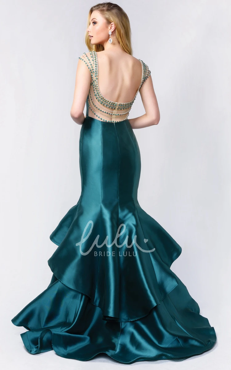 Mermaid Cap-Sleeve Scoop-Neck Satin Formal Dress with Tiers and Backless Design