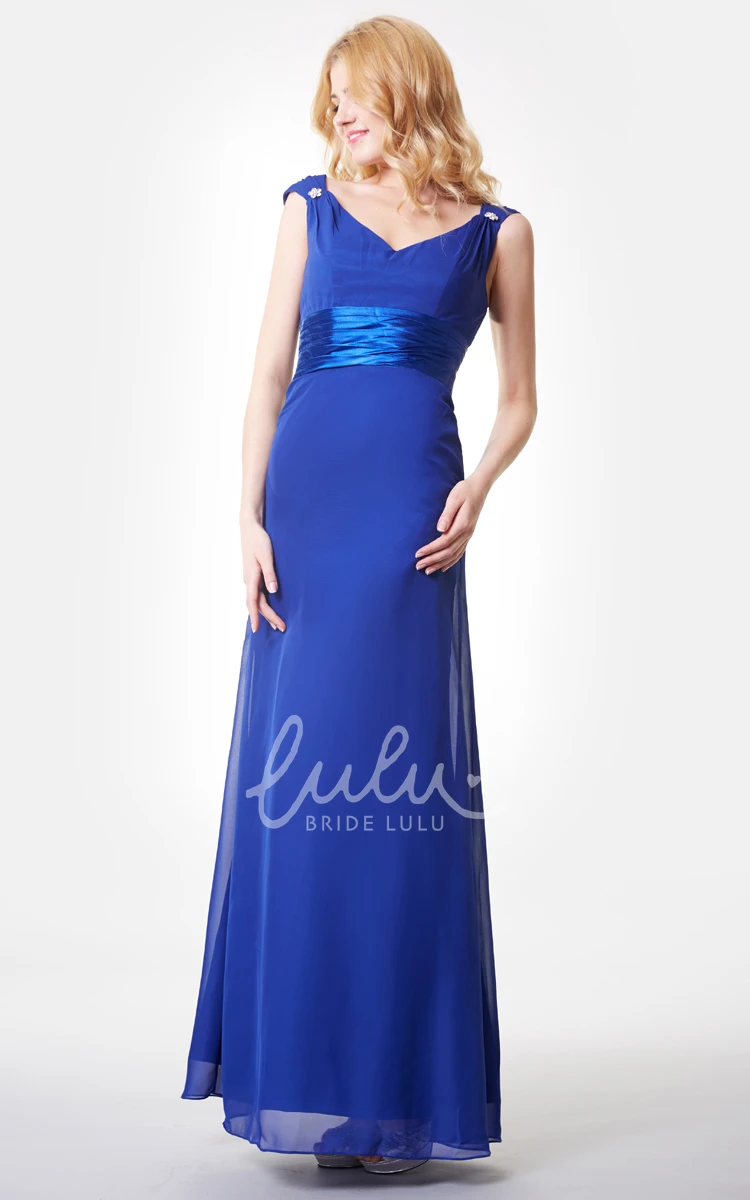 Long Chiffon A-line Dress with V-back and Cap Sleeves for Prom