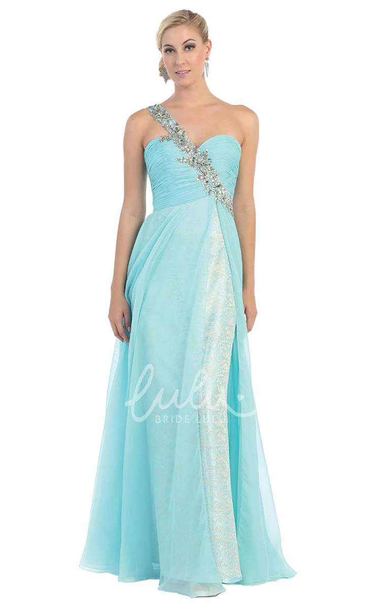 Maxi One-Shoulder Lace Beach Formal Dress with Ruching and Beading