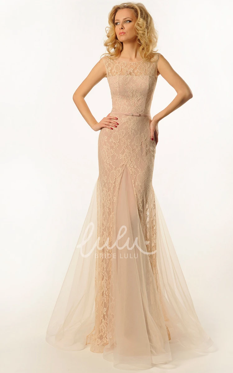 Long Sleeveless Lace Sheath Prom Dress with Scoop Neck