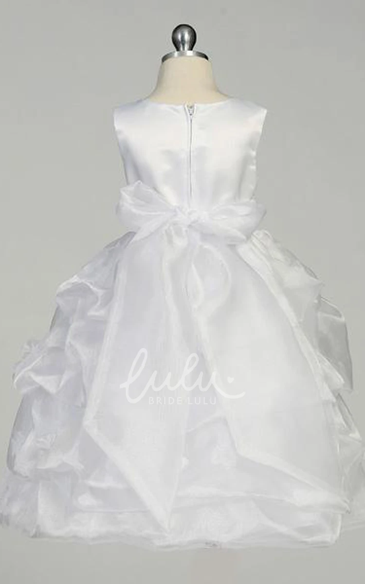 Ruched Organza Satin Flower Girl Dress Tea-Length