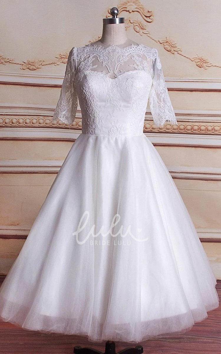 3/4 Sleeve Tea-Length Wedding Dress Tulle Lace Satin