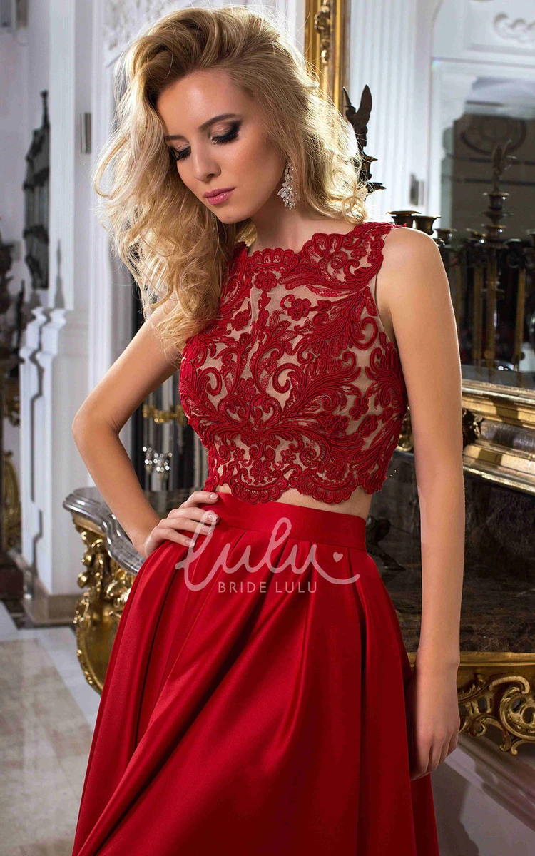 Sleeveless Satin Prom Dress with Jewel Neck Appliques and Illusion Back