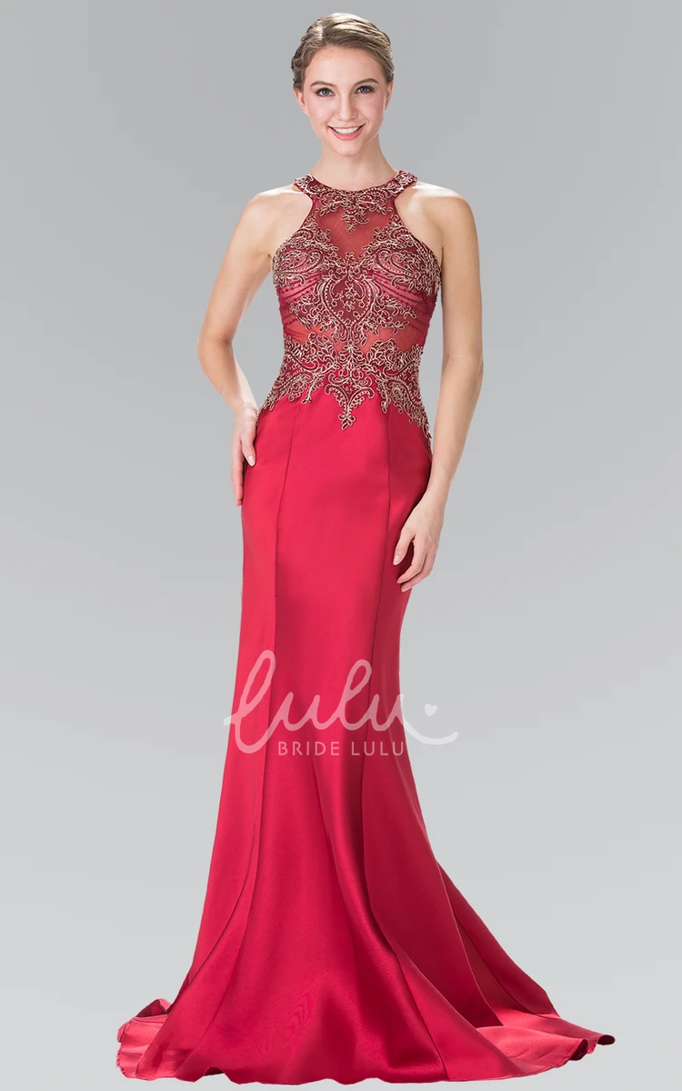 Satin Sheath Sleeveless Jewel Neckline Prom Dress with Appliques