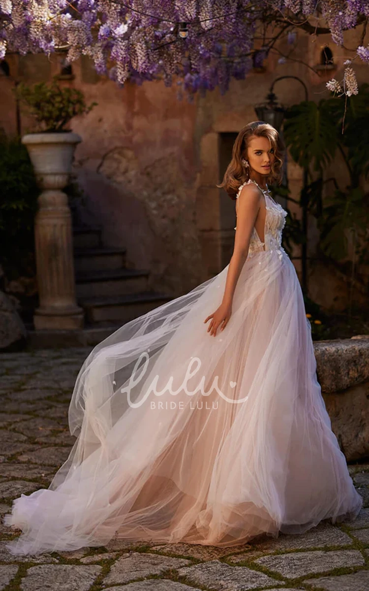 Sexy A-Line Spaghetti V-neck Tulle Wedding Gown Summer Elegant Deep-V Back Petals Bridal Gown