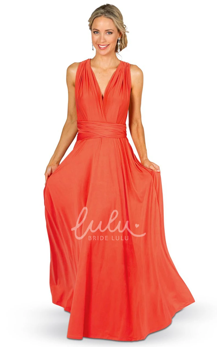 V-Neck Sleeveless Convertible Bridesmaid Dress Maxi Chiffon with Ruching