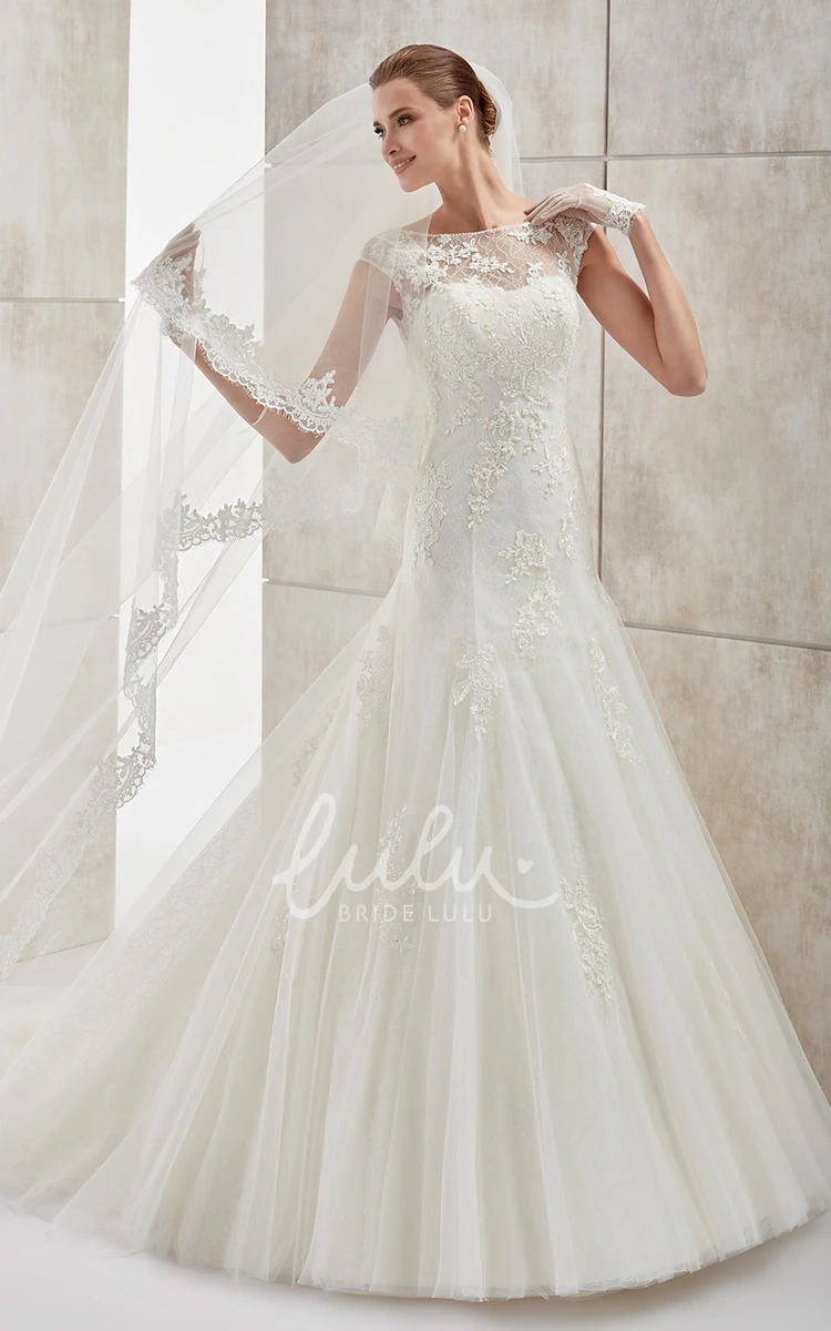 Wedding Dress with Jewel-Neck Cap-Sleeves Mermaid Style and Open Back