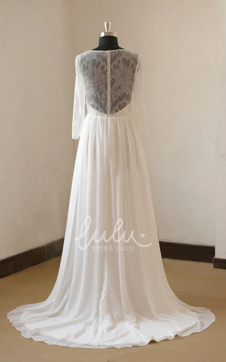 A-Line Chiffon Wedding Dress with Open Back and Long Sleeves for Women