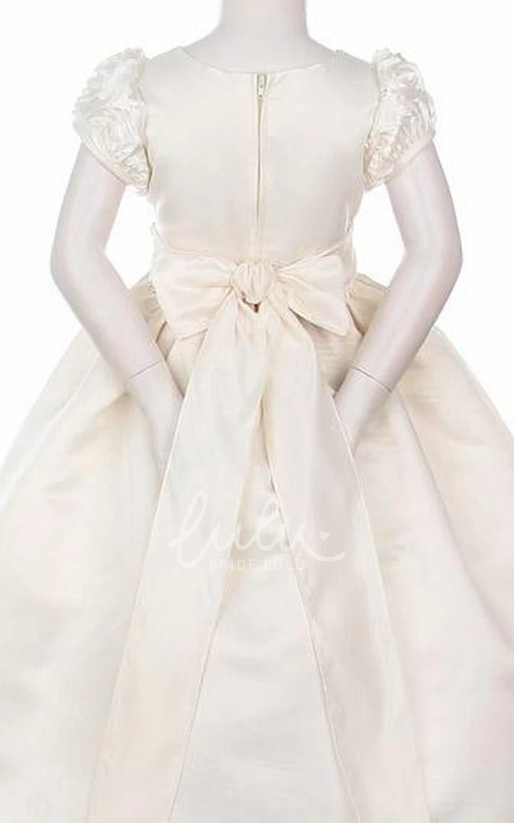 Embroidered Cap-Sleeve Tea-Length Flower Girl Dress with Tiered Skirt