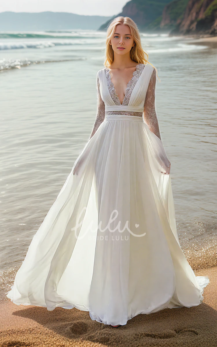 Bohemian Pleated Plunging V-neck A-Line Lace Long Sleeve Floor-length Wedding Dress Gown