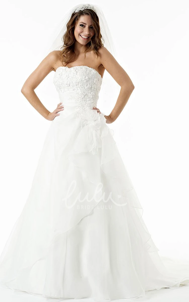 Strapless A-Line Satin Wedding Dress with Appliques & Flowers