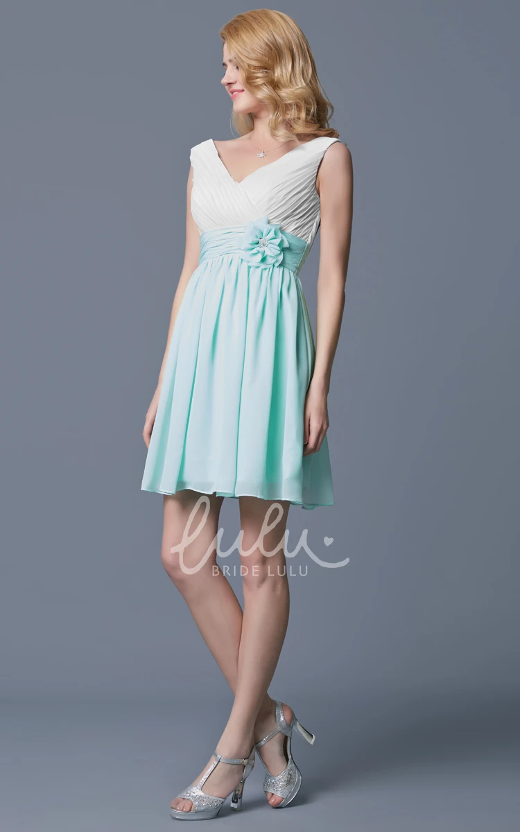 A-line Sleeveless Pleated Chiffon Bridesmaid Dress With Flower Belt Short Classy Unique