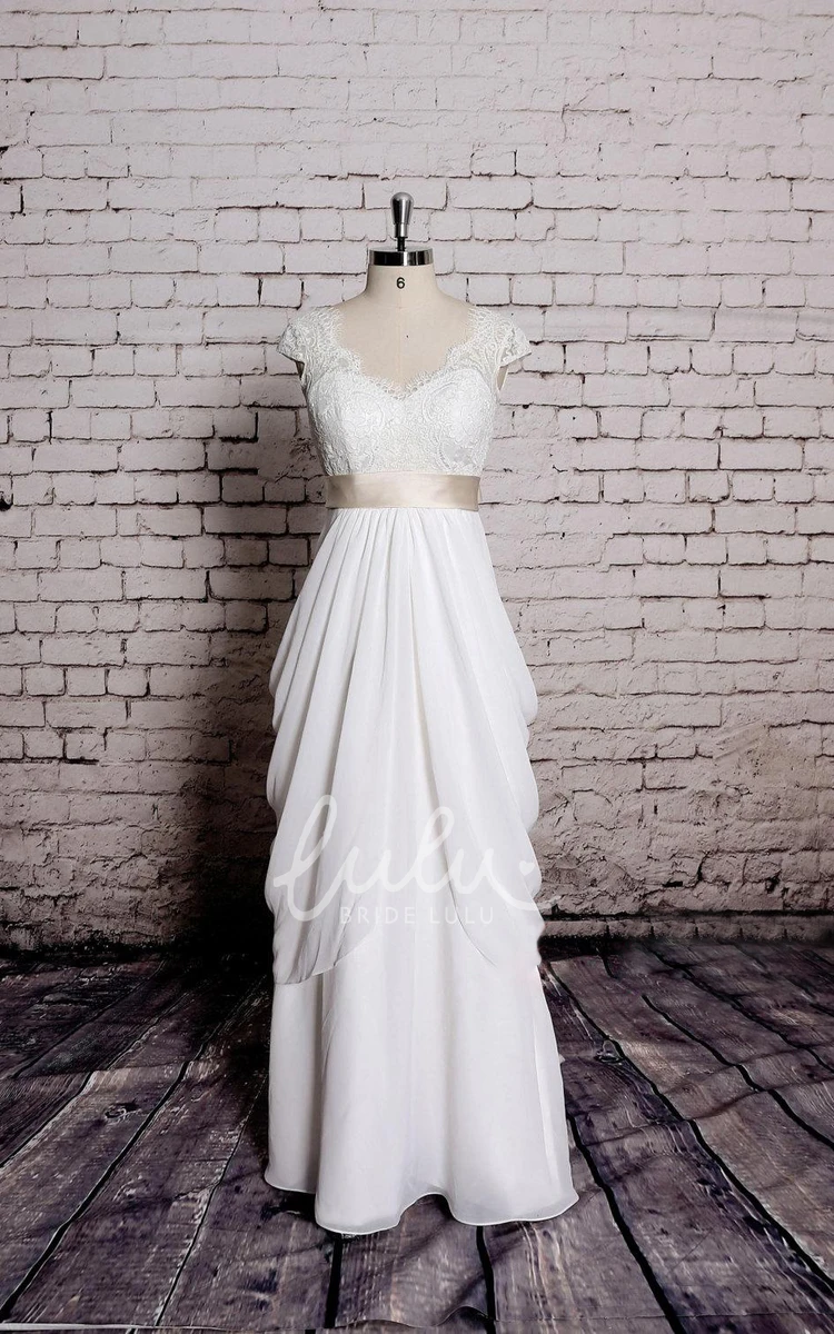 Lace Cap Sleeve Chiffon Skirt Wedding Dress with Champagne Sash Unique Bridal Gown