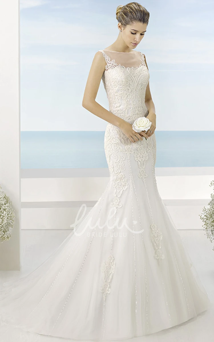 Trumpet Appliqued Lace Wedding Dress with Long Sleeves and Court Train