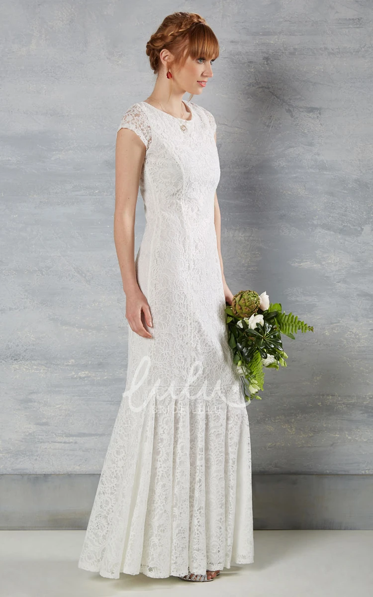 Lace Scoop-Neck Cap-Sleeve Trumpet Wedding Dress with Zipper Modern Bridal Gown