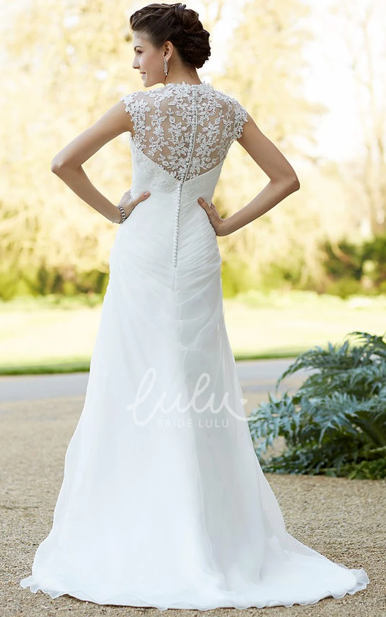 Maxi Chiffon Wedding Dress with Queen Anne Neckline and Illusion