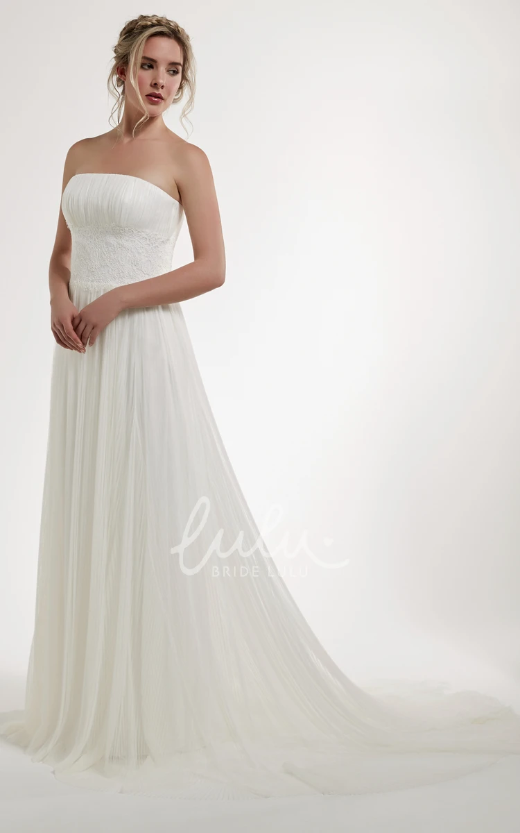 Tulle Strapless Wedding Dress with Applique Zipper Back and Court Train A-Line