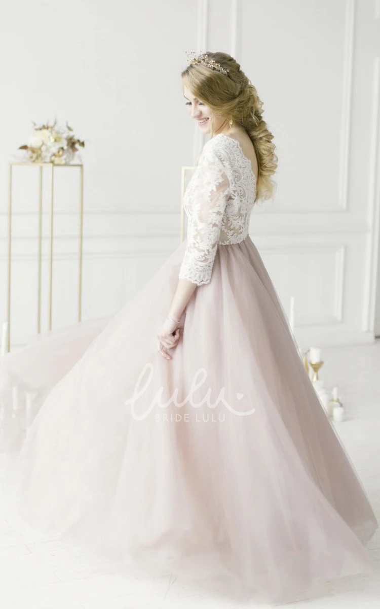 Lace V-neck Tulle Wedding Dress with 3/4 Sleeves Elegant Bridal Gown