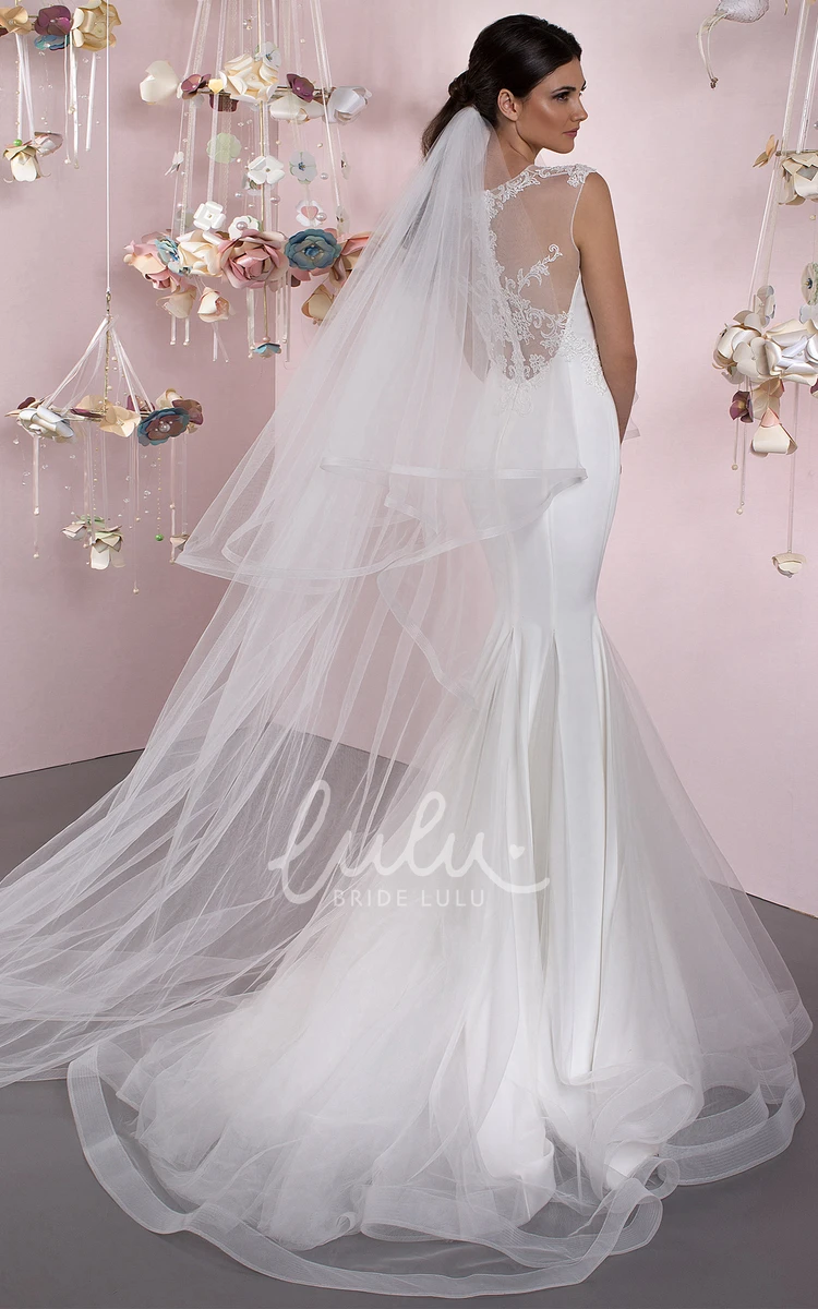 Jewel Trumpet Tulle Wedding Dress Sleeveless Appliqued Illusion Back Ruffles