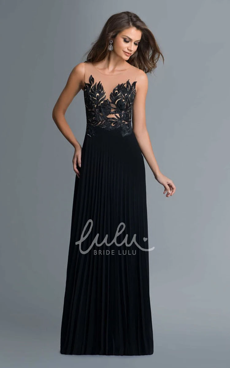 Sleeveless Scoop-Neck Applique and Pleated A-Line Formal Dress in Jersey Fabric