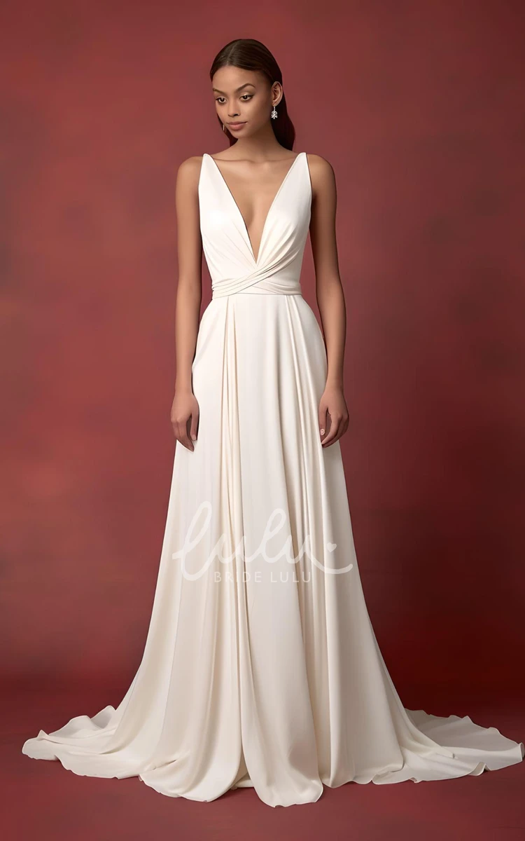 Simple Satin Wedding Dress A-Line Plunging Neckline V-neck Elegant Modern