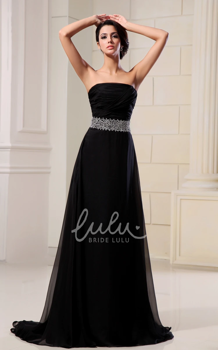 A-Line Chiffon Formal Dress with Sequined Waist Strapless Sleeveless