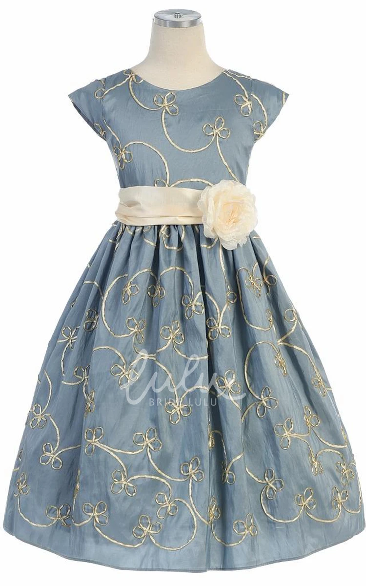 Floral Taffeta Bowed Cap-Sleeve Flower Girl Dress with Embroidery Tea-Length