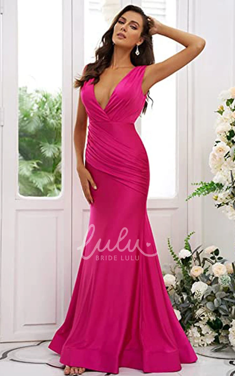 Satin Mermaid Classy Garden Prom Dress with Plunging Neckline and Deep-V Back Sexy and Romantic