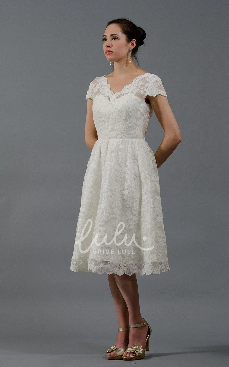 Knee-Length Wedding Dress with Cap Sleeves Alencon Lace and Chic Style