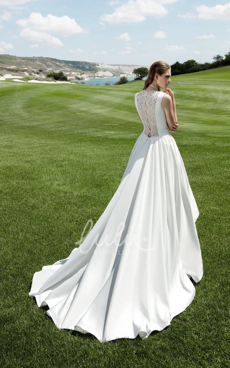 Sleeveless Satin High-Low Bateau Wedding Dress with Bow