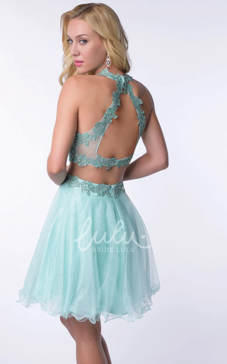 Lace Bodice Tulle Skirt Homecoming Dress with High Neck Two-Piece Elegant 2024