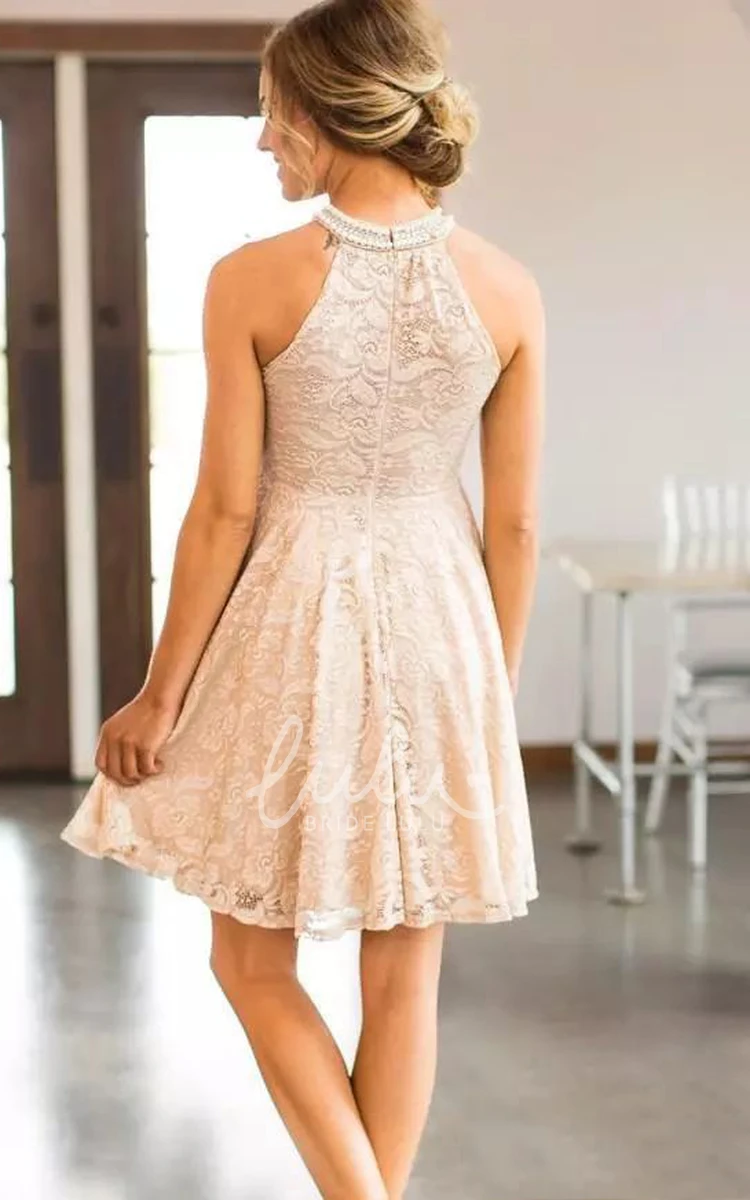 Lace A-Line Dress with High Neckline and Sleeveless Design