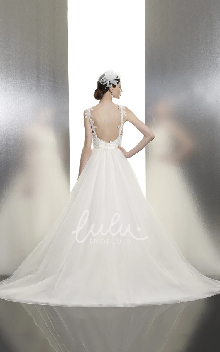 Lace&Tulle Backless A-Line Wedding Dress with Court Train Elegant Bridal Gown