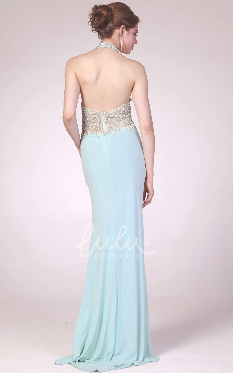 Backless Jersey Formal Dress with Beading and Split Front Sheath or Elegant