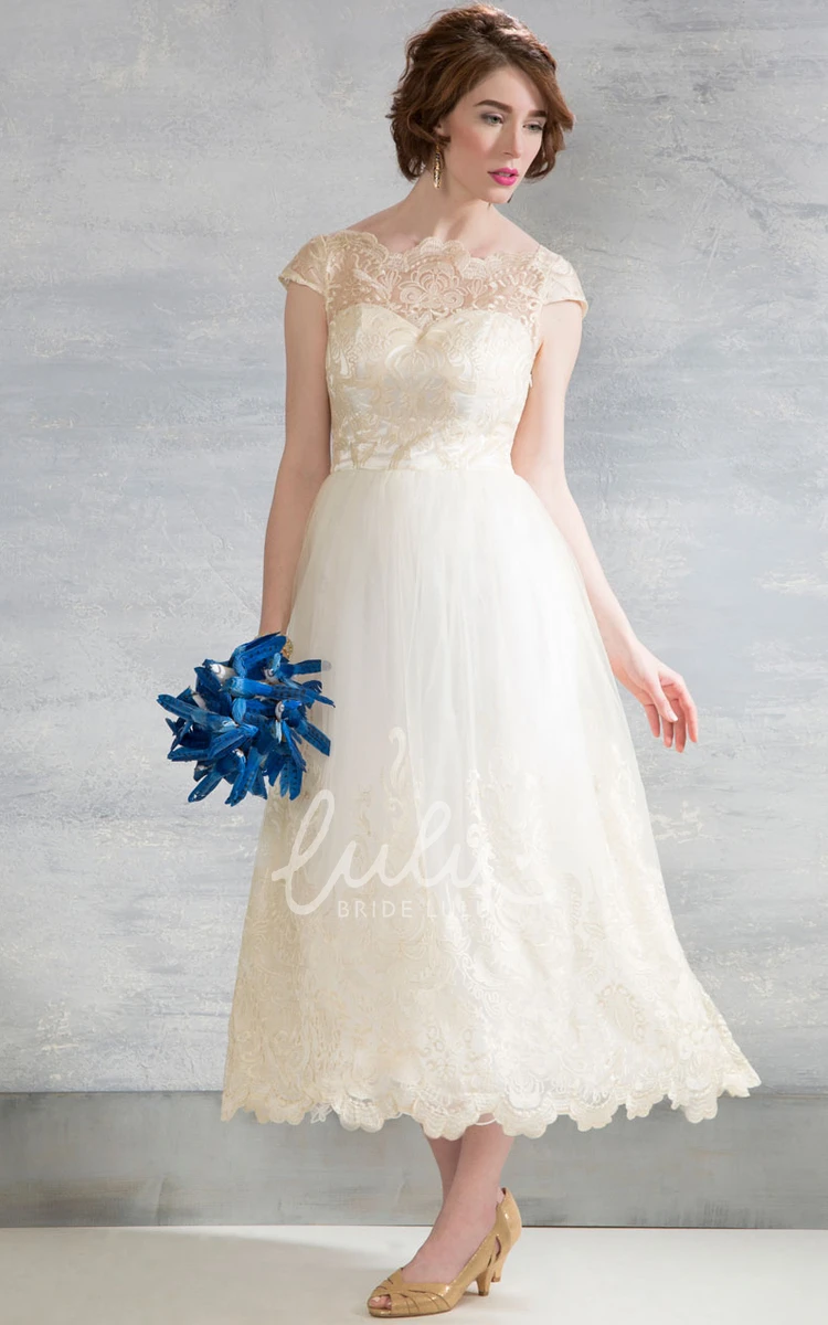 Appliqued Tulle Wedding Dress Tea-Length Bateau Neck Sleeveless