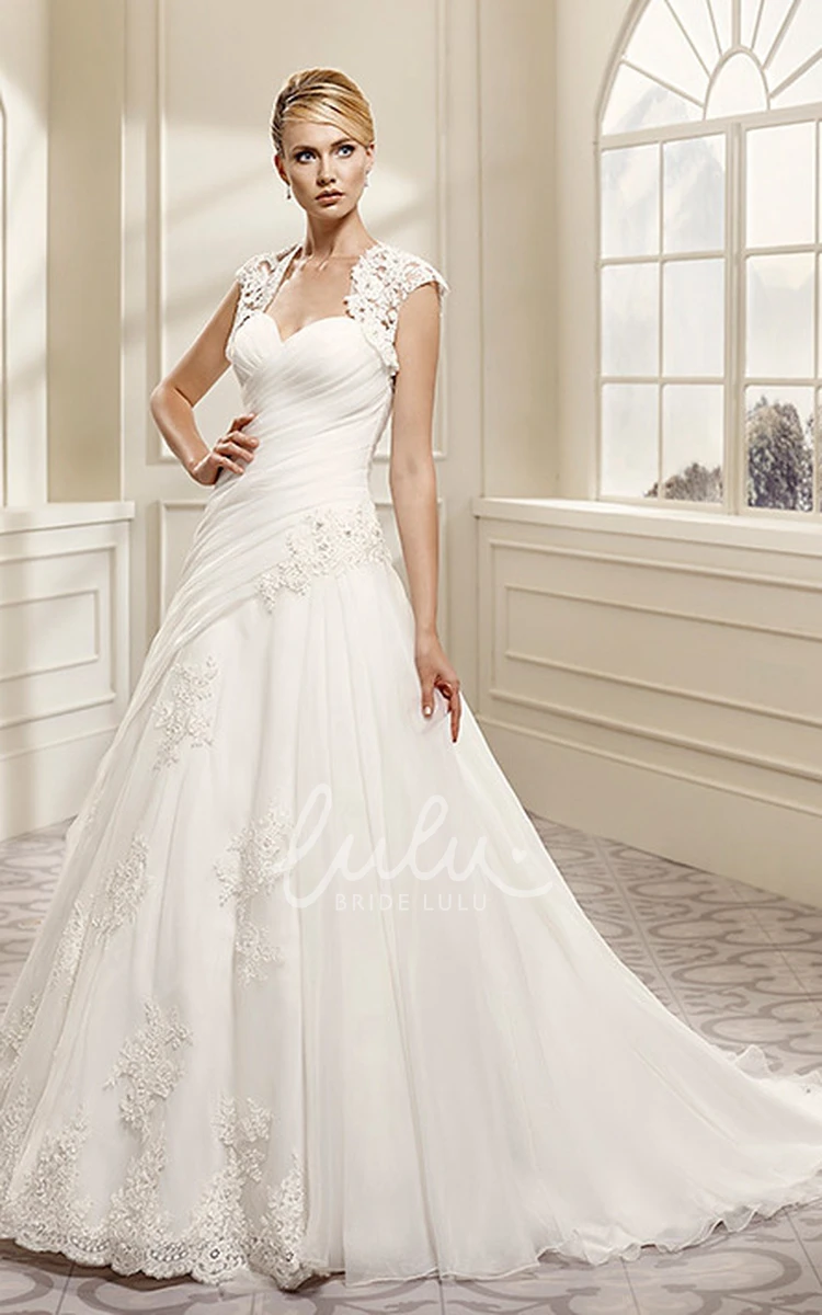 Criss-Cross Cap-Sleeve Appliqued A-Line Wedding Dress