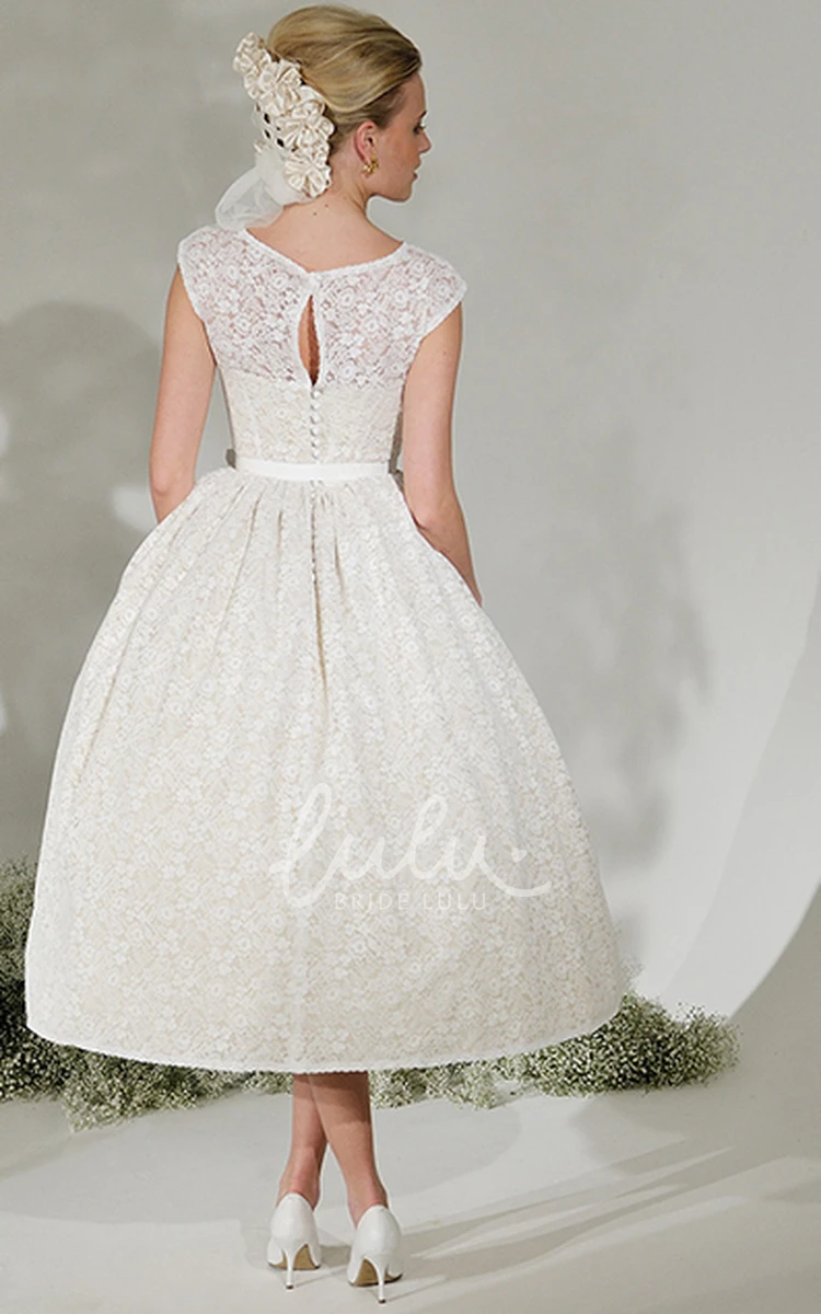 A-Line Cap Sleeve Lace Wedding Dress with Ribboned Scoop Neck Tea-Length