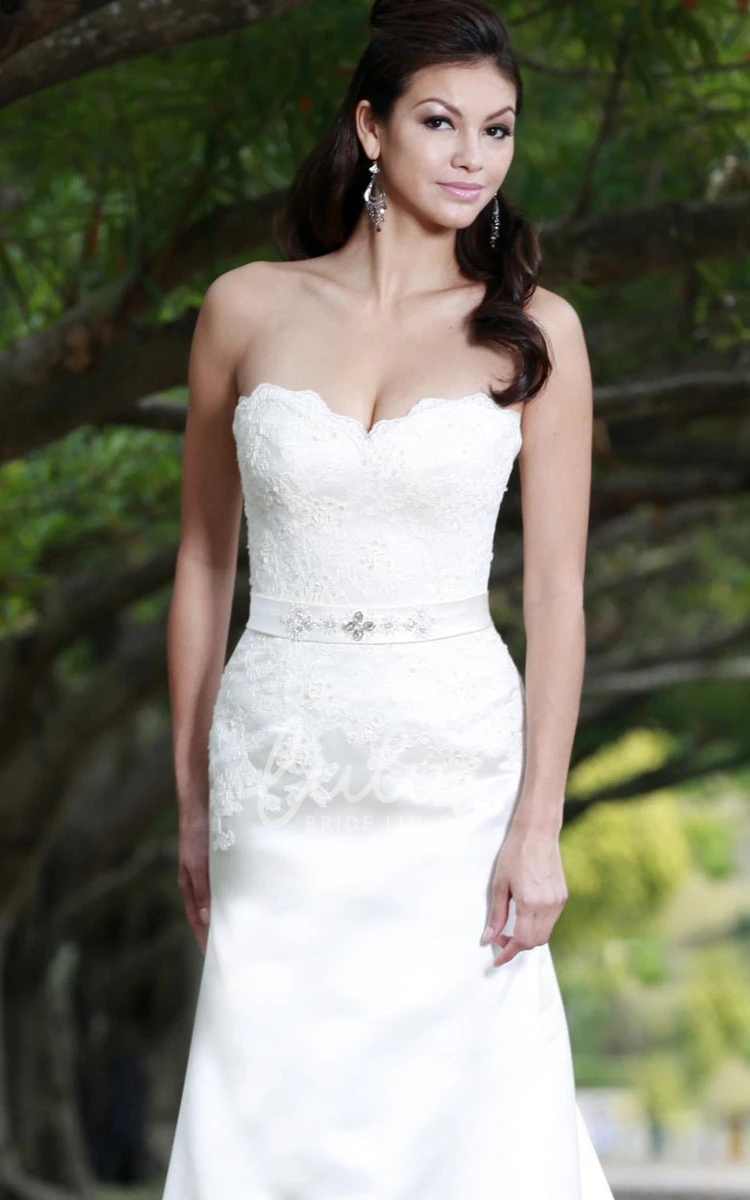 Jeweled Sweetheart Satin Wedding Dress with Lace Elegant Sheath Dress