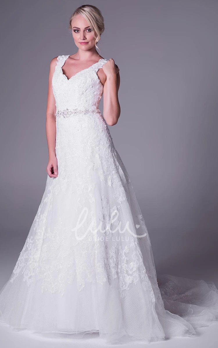 Lace A-Line Wedding Dress with Appliques Sleeveless V-Neck Waist Jewelry