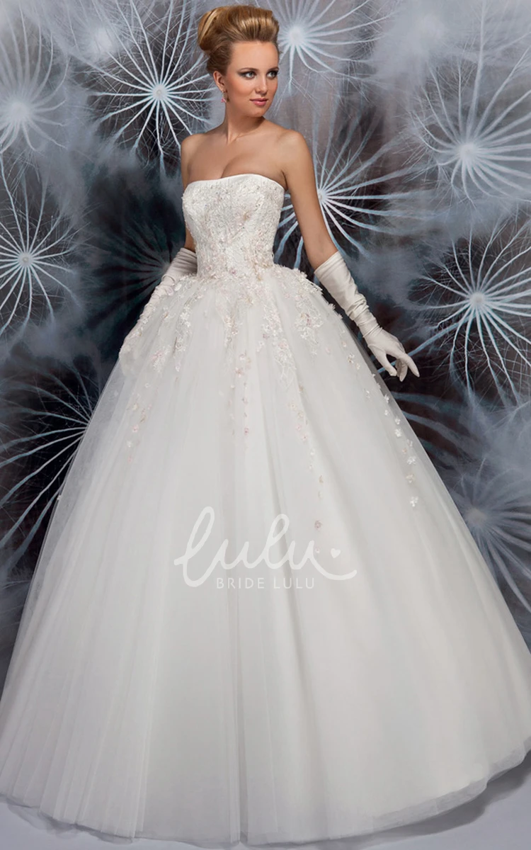 Ribbon and Corset Back Long Strapless Tulle Wedding Dress with Applique Detail