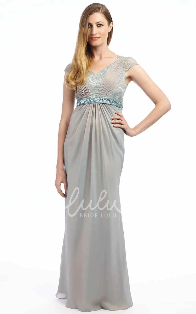 Floor-Length V-Neck Chiffon Prom Dress with Lace and Ruching Cap-Sleeve Jeweled